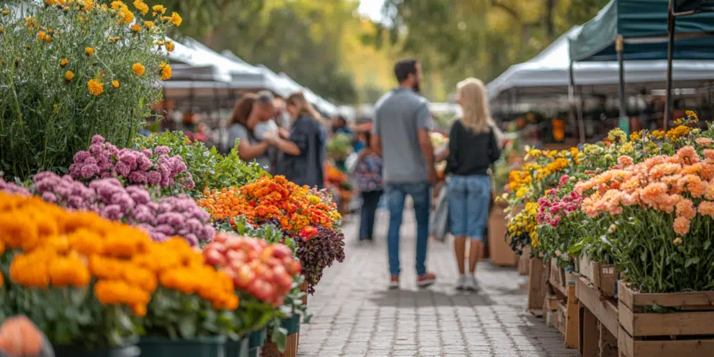 A real estate agent engaging with clients at a lively farmer’s market.